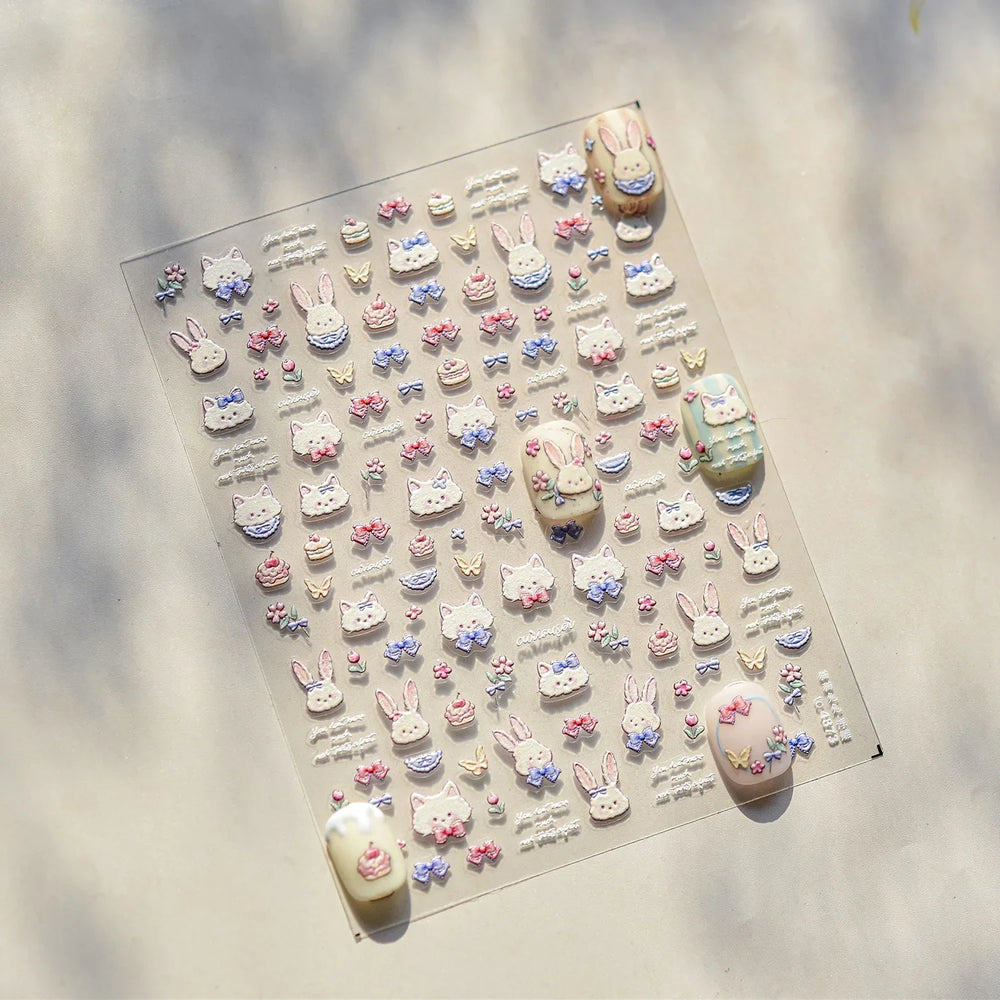 Cream Wind Cat Rabbit Kitten Bunny Bowknot Flower Butterfly Cake Cherry Tulip 5D Self Adhesive Nail Art Stickers Manicure Decals (Online Order Only)