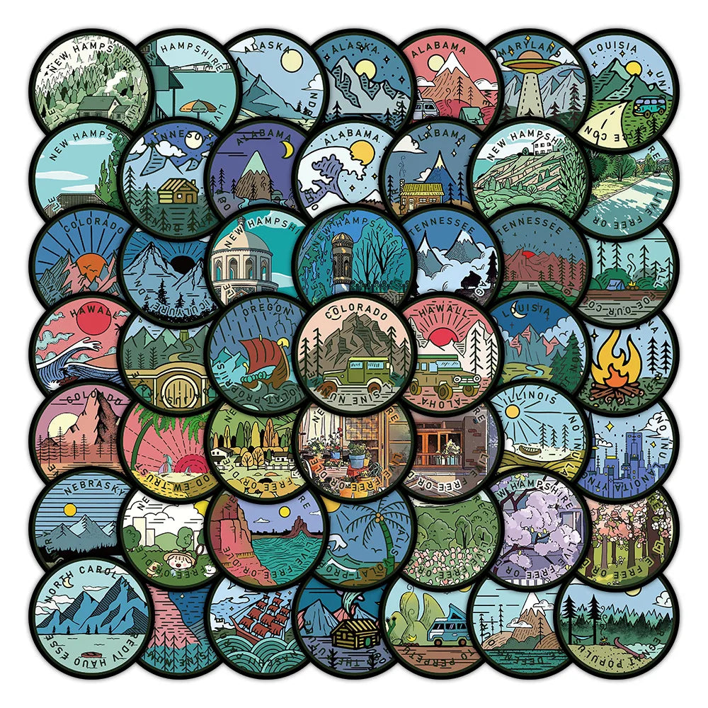 10/30/60PCS America Tourism Landscape Map Stickers Aesthetic Graffiti Decals PVC Waterproof Skateboard Phone Laptop Bike Sticker (Online Order Only)