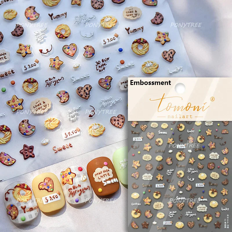 Toast Butter Brioche Bread Dim Sum Cookie Cherry Pudding Food Fork Doughnut Relief Adhesive Nail Art Stickers Manicure Decals (ONLINE ORDER ONLY)