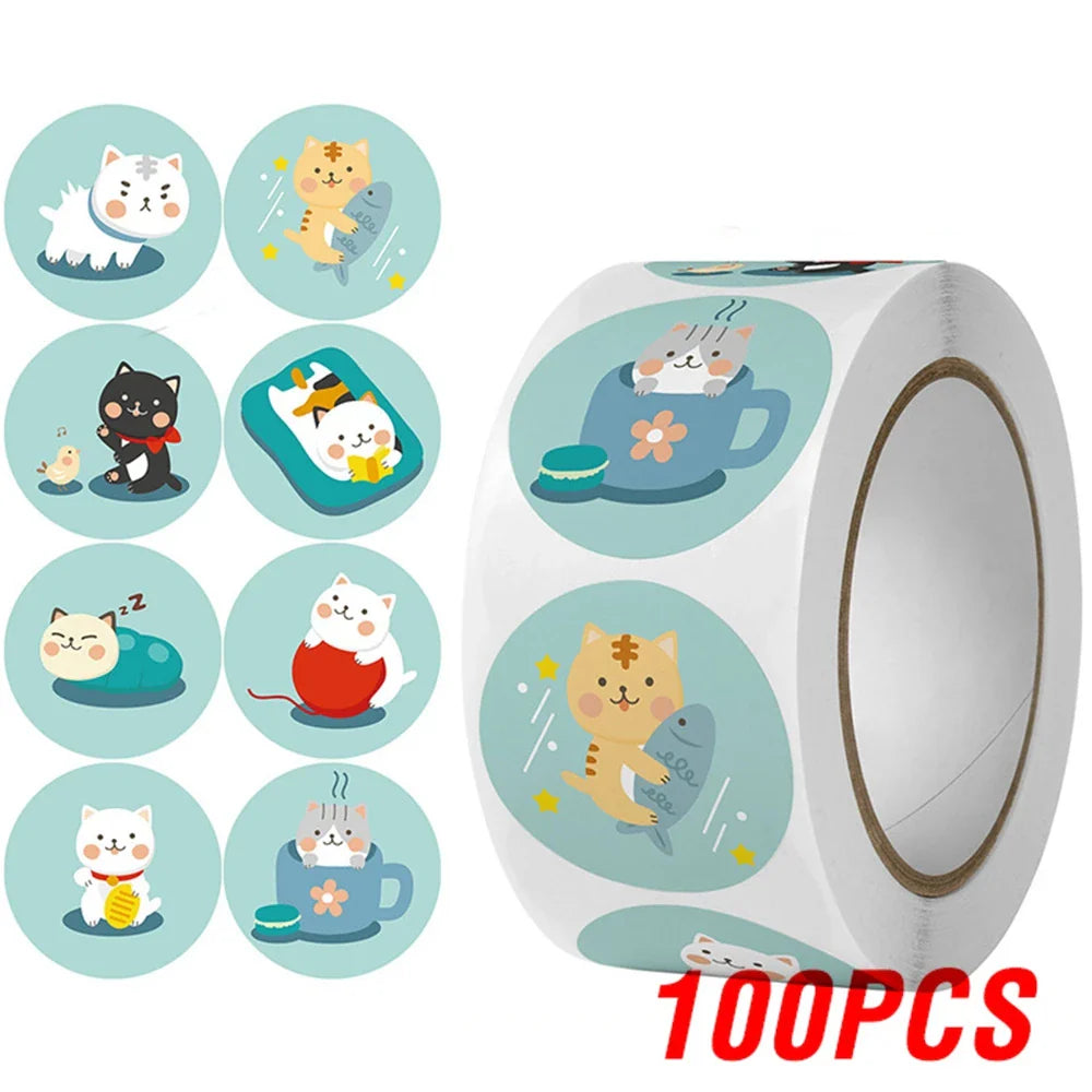 100-500pcs Cute Cat Stickers Animal Cartoon Label Gifts Decoration School Reward Encourage Student Stationery Thank You Stickers (ONLINE ORDER ONLY)