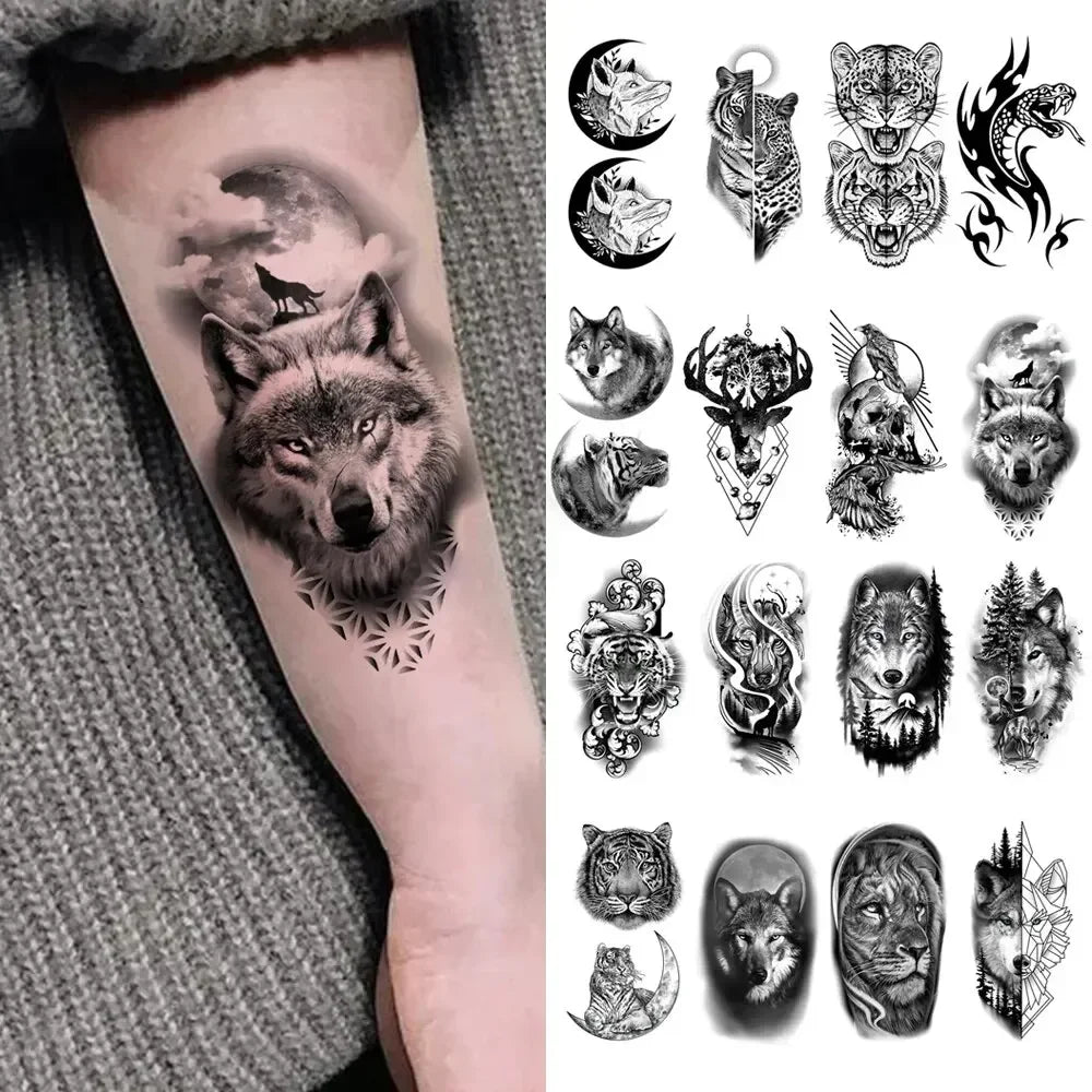 10pcs Waterproof Temporary Tattoo Sticker Dark Wolf Lion Tiger Eagle Snake Deer Skeleton Scorpion Body Art Arm Tattoo Women Men (ONLINE ORDER ONLY)