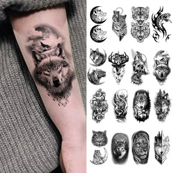 10pcs Waterproof Temporary Tattoo Sticker Dark Wolf Lion Tiger Eagle Snake Deer Skeleton Scorpion Body Art Arm Tattoo Women Men (ONLINE ORDER ONLY)