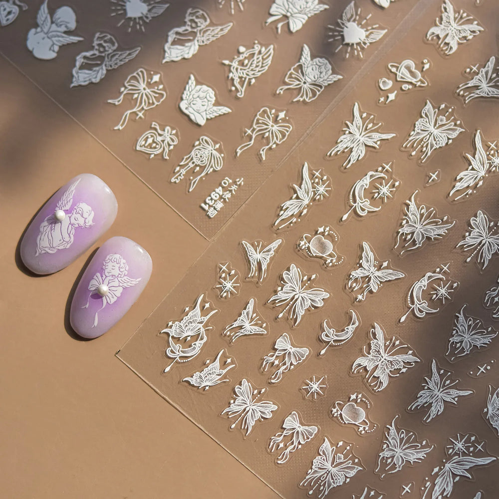 White Pink Baby Child Angel Wing Heart Bowknot Leaves Key Star Cupid's Arrow Archery Adhesive Nail Art Stickers Manicure Decals (ONLINE ORDER ONLY)
