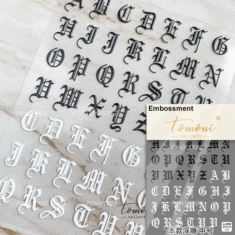 Romantic White Black Capital English Letters Chic Gold Punk Colorful Stamp Word 3D Self Adhesive Nail Art Sticker Manicure Decal (ONLINE ORDER ONLY)