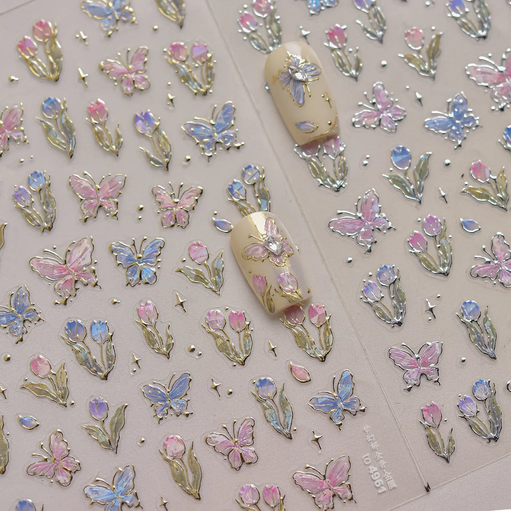 Delicate Dreamy Petal Star Tulip Flower Purple Bowknot Butterfly Illusion Chic Relief Adhesive Nail Art Stickers Manicure Decals (Online Order Only)