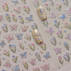 Delicate Dreamy Petal Star Tulip Flower Purple Bowknot Butterfly Illusion Chic Relief Adhesive Nail Art Stickers Manicure Decals (Online Order Only)