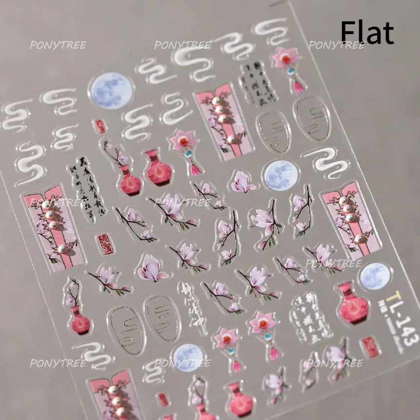 Orchid Daisy Chrysanthemum Peach Blossom Lotus Flower Vase Floral Art Fan Wintersweet Adhesive Nail Art Stickers Manicure Decals (Online Order Only)