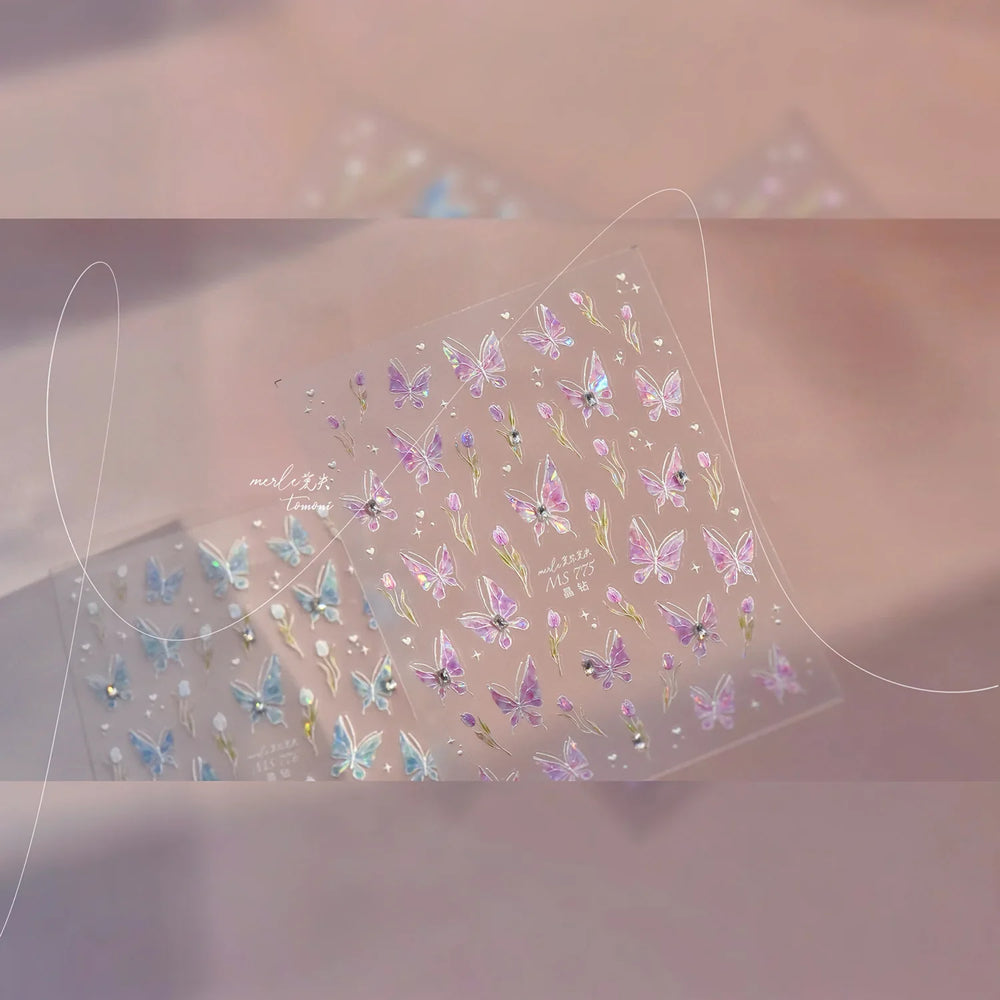 Blue Purple Tulip Flower Butterfly Garden Blossom Floral Charming Delicate 5D Relief Adhesive Nail Art Stickers Manicure Decals (ONLINE ORDER ONLY)