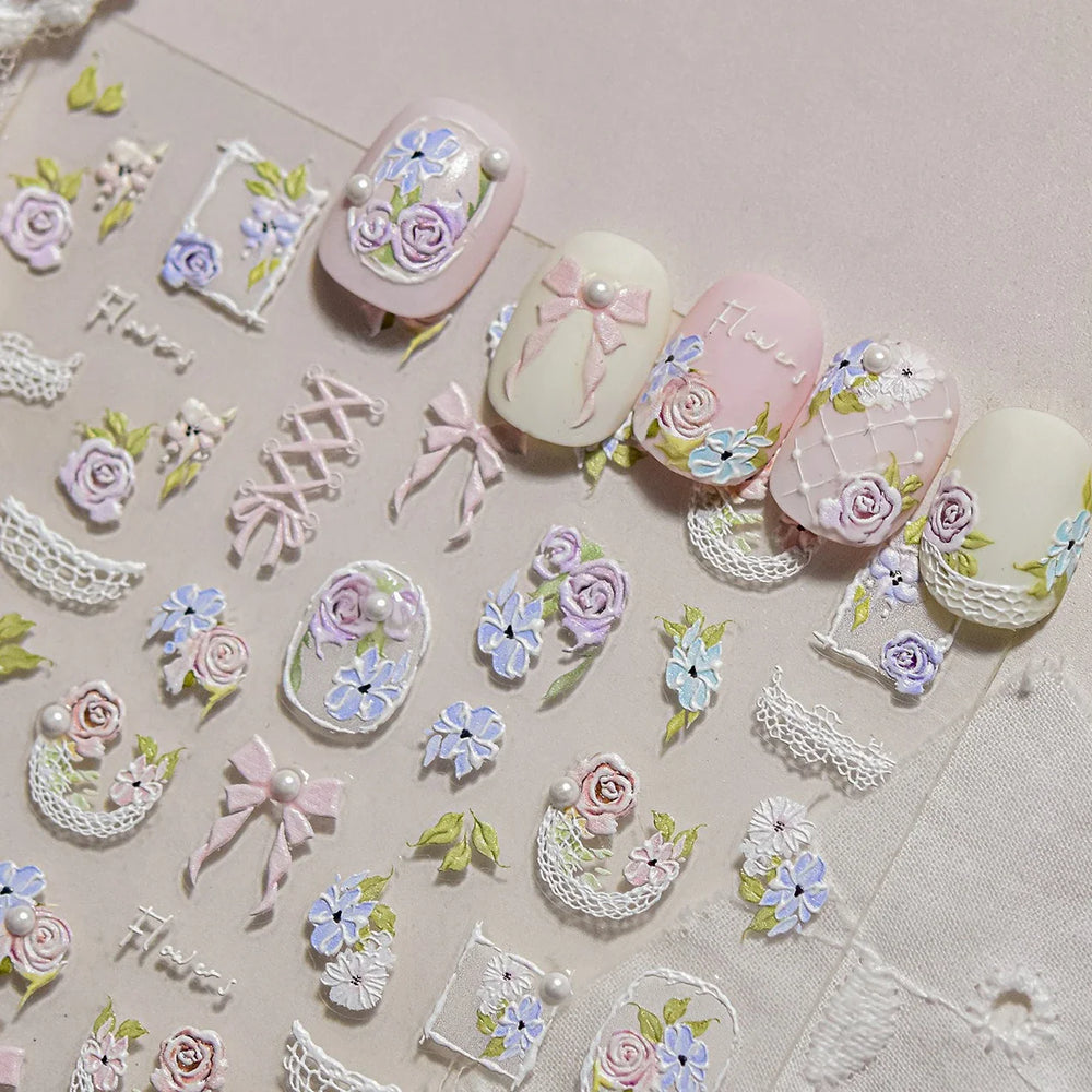 Rose Flower Bouquet Leaves Lace Bowknot Pearl Photo Frame Gird Embossed Reliefs Self Adhesive Nail Art Stickers Manicure Decals (ONLINE ORDER ONLY)