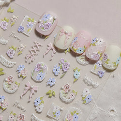 Rose Flower Bouquet Leaves Lace Bowknot Pearl Photo Frame Gird Embossed Reliefs Self Adhesive Nail Art Stickers Manicure Decals (ONLINE ORDER ONLY)