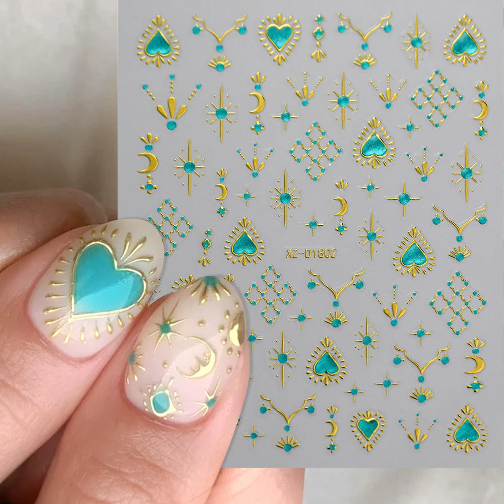 1pc Bohemian Valentine Nail Stickers 3D Self-Adhesive Fantasy Nail Art Glitter Sun, Heart, Lock, Star & Moon Designs Nail Decals (ONLINE ORDER ONLY)