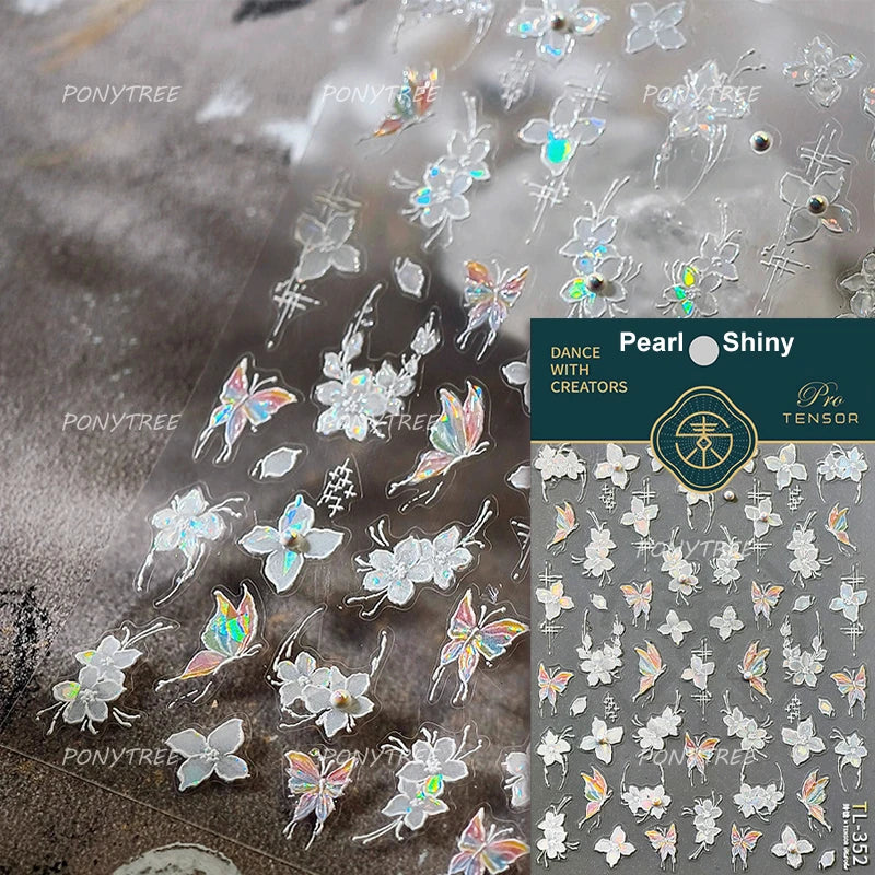 White Flower Colourful Butterfly Pearl Petal Beautiful Garden Charming Plant 5D Self Adhesive Nail Art Stickers Manicure Decals (ONLINE ORDER ONLY)