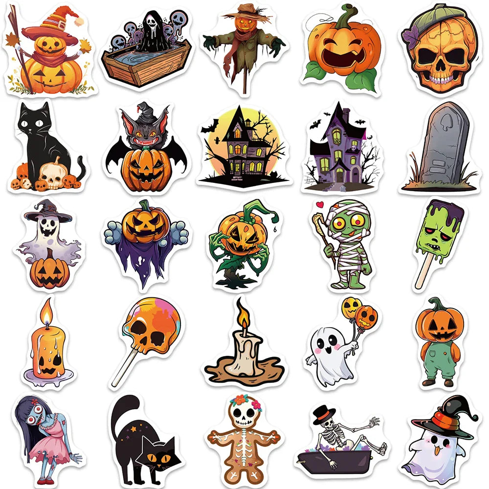 10/30/50pcs Cute Hallowmas Horror Skull Cartoon Stickers Decals Kids Toy Laptop Suitcase Phone Car Skateboard Waterproof Sticker (Online Order Only)