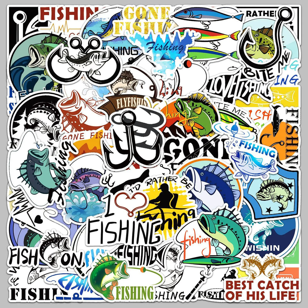 50pcs Fishing Graffiti Stickers for Helmet, Wall, DIY Decoration with Storage Box (Online Order Only)