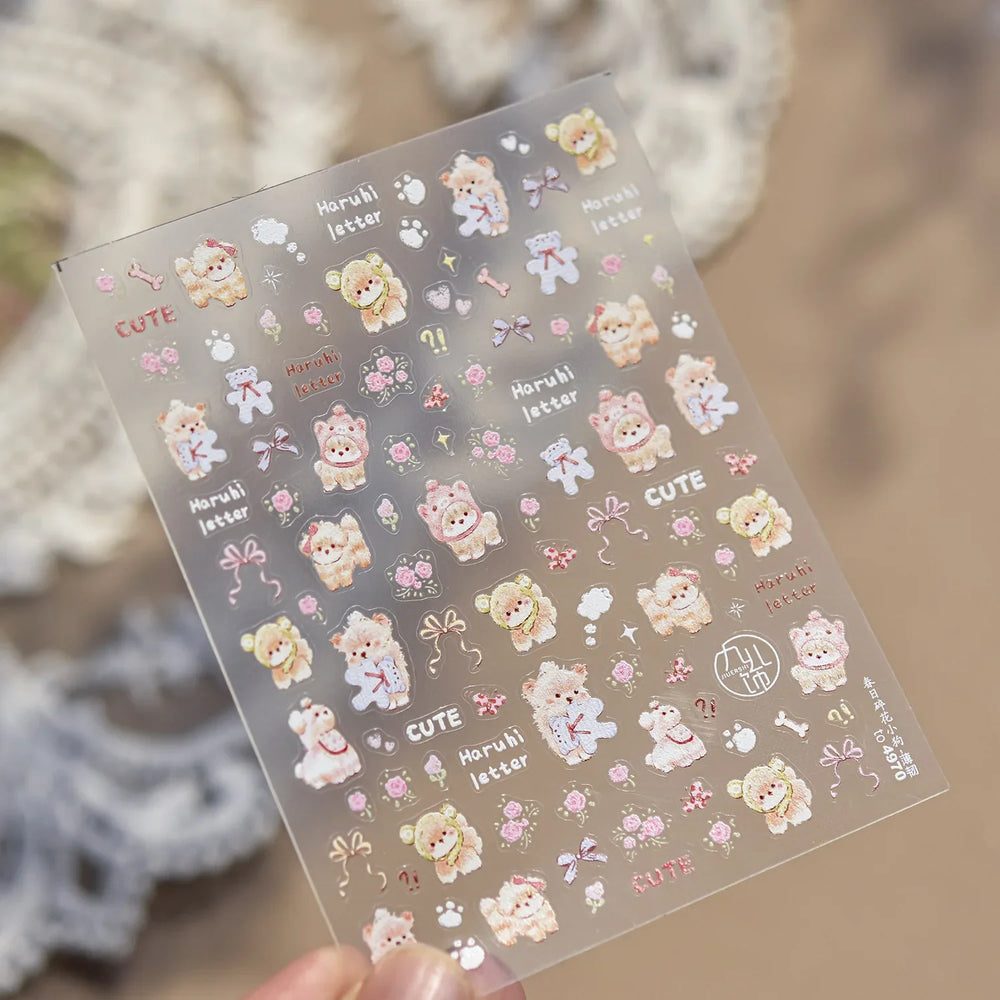 Spring Dog Bear Toy Rose Flower Floral Print Letter Bone Butterfly Cat Puppy Relief Adhesive Nail Art Stickers Manicure Decals (Online Order Only)