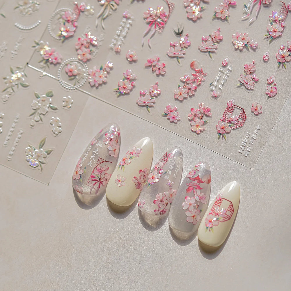 Pink Peach Blossom Flower White Pear Romantic Archaistic Swallow Window Adhesive Nail Art Stickers Rhinestone Manicure Decals (ONLINE ORDER ONLY)