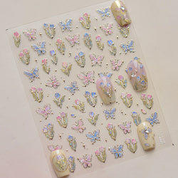 Delicate Dreamy Petal Star Tulip Flower Purple Bowknot Butterfly Illusion Chic Relief Adhesive Nail Art Stickers Manicure Decals (Online Order Only)