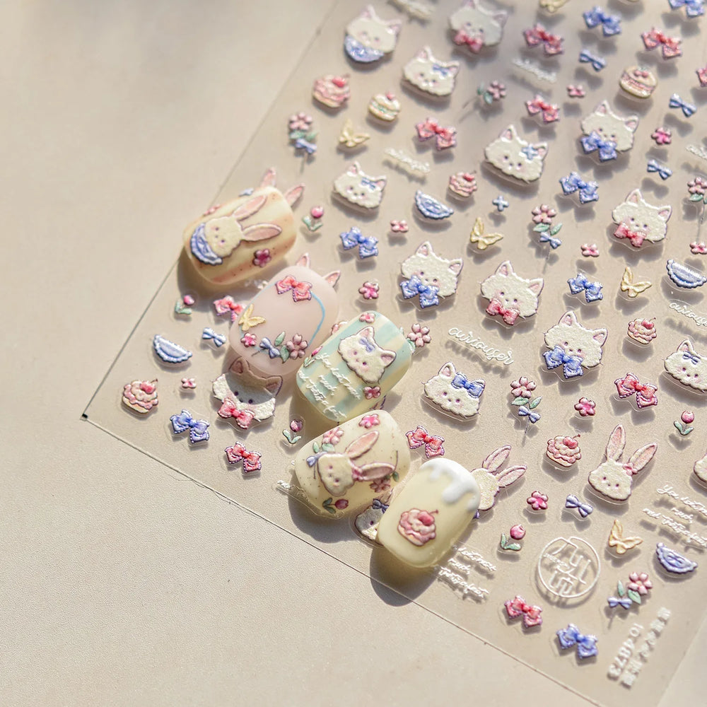 Cream Wind Cat Rabbit Kitten Bunny Bowknot Flower Butterfly Cake Cherry Tulip 5D Self Adhesive Nail Art Stickers Manicure Decals (Online Order Only)
