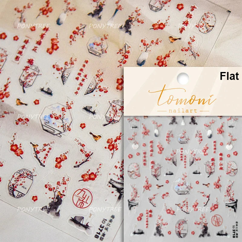 Orchid Daisy Chrysanthemum Peach Blossom Lotus Flower Vase Floral Art Fan Wintersweet Adhesive Nail Art Stickers Manicure Decals (Online Order Only)