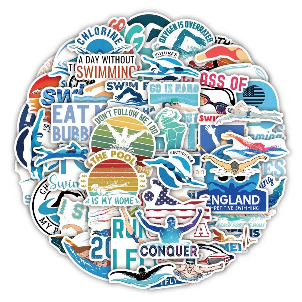 Sports Swimming Stickers for Phone Laptop Luggage Skateboard - Fun Kids Gift (10/30/52PCS) (ONLINE ORDER ONLY)