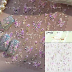Blue Purple Tulip Flower Butterfly Garden Blossom Floral Charming Delicate 5D Relief Adhesive Nail Art Stickers Manicure Decals (ONLINE ORDER ONLY)