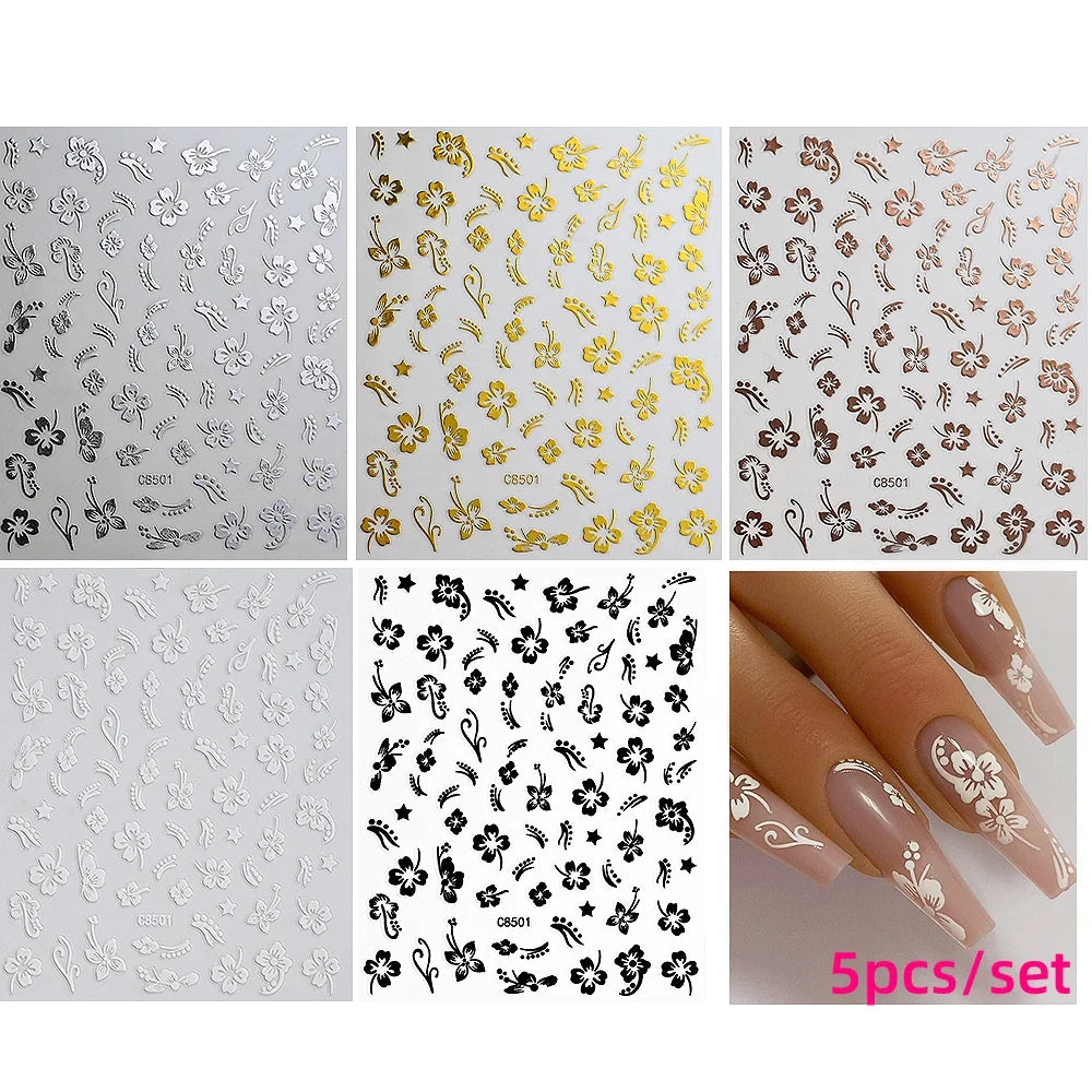 5/8Pcs 3D Hawaiian Flowers Nail Art Stickers Summer Decors with Tropical Leaves Slider Vibrant Pink & White Flowers for Parties* (ONLINE ORDER ONLY)