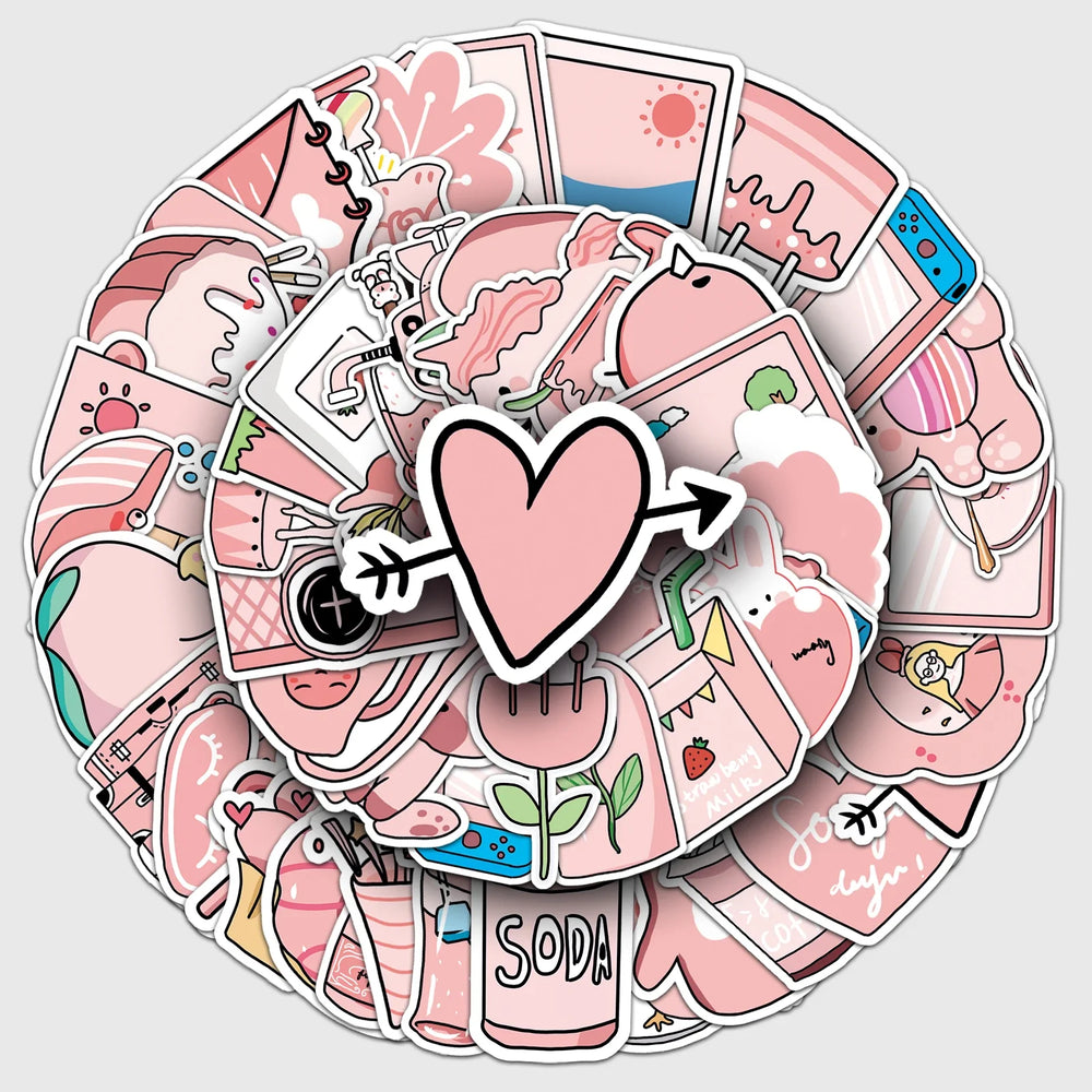 50Pcs Cute Pink Cartoon Waterproof Vinyl Stickers for Skateboard Snowboard Decal (ONLINE ORDER ONLY)