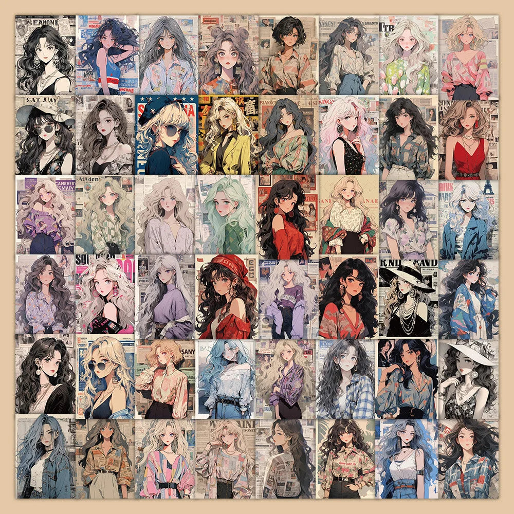 Retro Fashion Girl Poster Stickers - 63PCS DIY Laptop Luggage Skateboard Decals (Online Order Only)