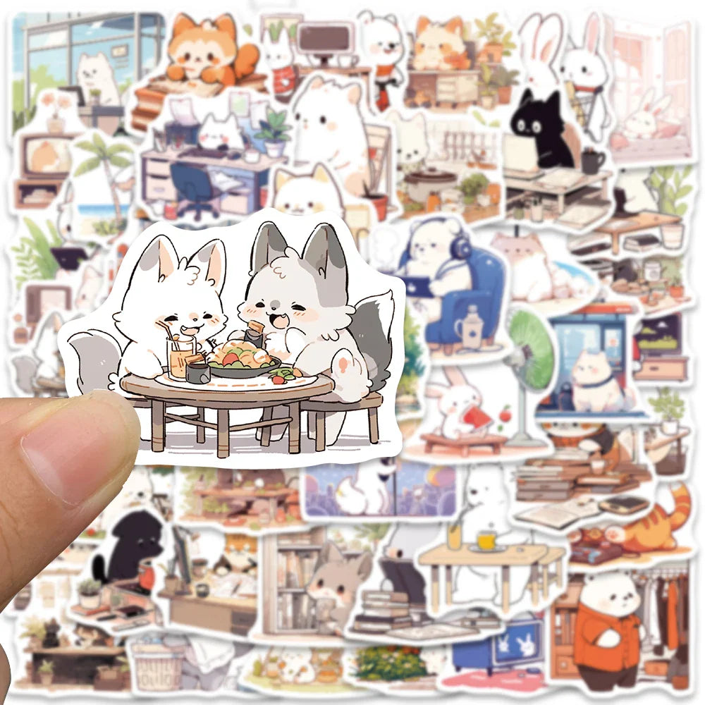 50pcs Cute Cartoon Animals Daily Life Stickers Vinyl Laptop Decals Luggage Skateboard Guitar Phone Waterproof Graffiti (ONLINE ORDER ONLY)
