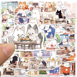 50pcs Cute Cartoon Animals Daily Life Stickers Vinyl Laptop Decals Luggage Skateboard Guitar Phone Waterproof Graffiti (ONLINE ORDER ONLY)