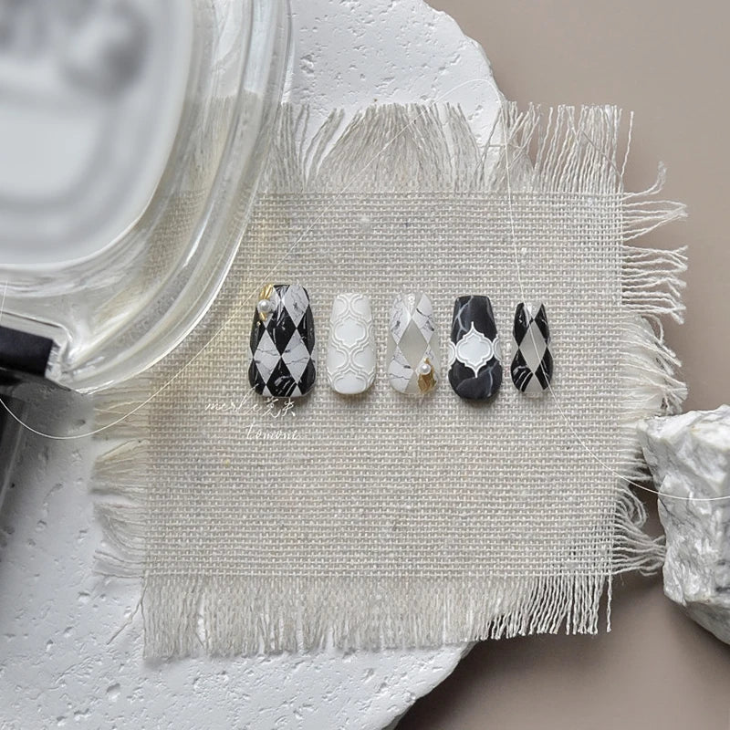 French Style Geometric Black White Square Grid Rhombus Stripe 3D Self Adhesive Nail Art Stickers Shiny Rhinestone Manicure Decal (ONLINE ORDER ONLY)