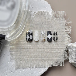 French Style Geometric Black White Square Grid Rhombus Stripe 3D Self Adhesive Nail Art Stickers Shiny Rhinestone Manicure Decal (ONLINE ORDER ONLY)