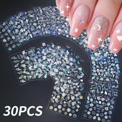 30Pcs Laser Silver/White Flowers Hearts Nail Sticker Star/Moon Mixed Shapes Design Self-adhesive Sticker Acrylic Manicure Access (Online Order Only)