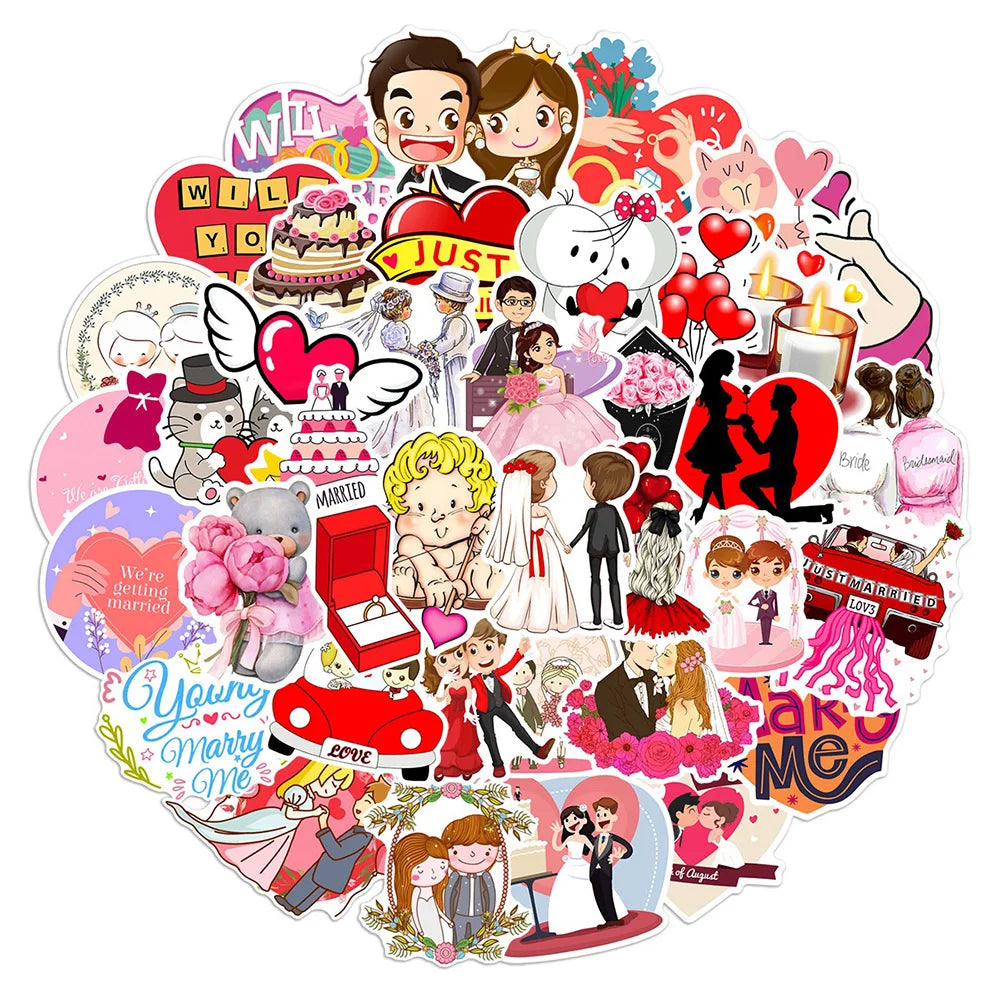 10/30/50PCS New Wedding Proposal Love Cartoon Stickers DIY Laptop Luggage Skateboard Graffiti Decals Fun for Kid Toys Gift (ONLINE ORDER ONLY)