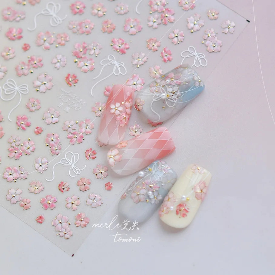 Peach Blossom Gradual Pink Petal Flower Line Bowknot Hot Stamping Halo Dyeing Delicate Adhesive Nail Art Sticker Manicure Decals (ONLINE ORDER ONLY)