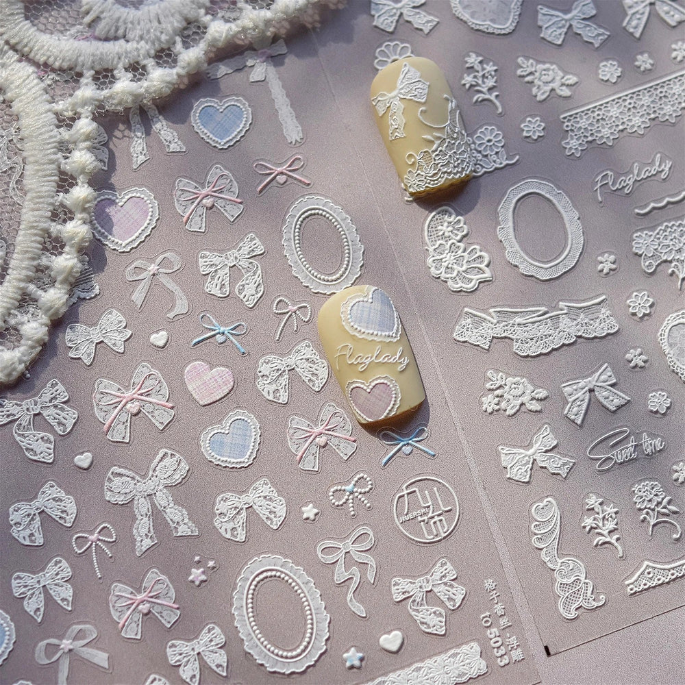 Retro Lace Gird Bowknot Love Heart Flower Leaves Fabric Art Photo Frame Embossed Self Adhesive Nail Art Stickers Manicure Decals (ONLINE ORDER ONLY)