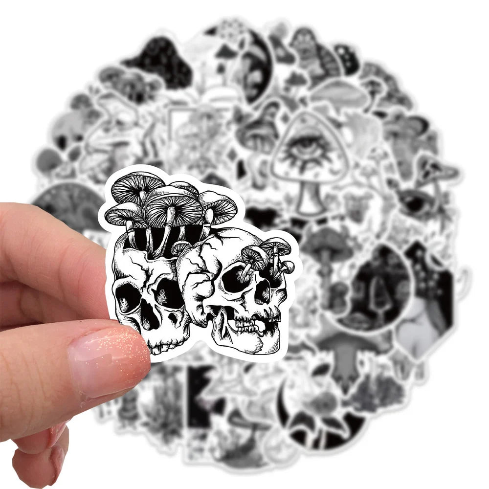 10/50pcs Funny Anime Psychedelic Mushroom Sticker Cute Black and White Magic Plant Stickers Phone Laptop Stickers Decals (ONLINE ORDER ONLY)