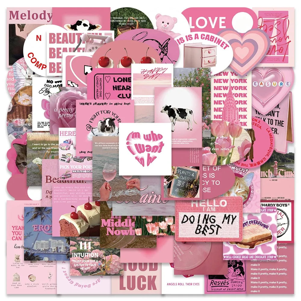 56PCS Cute Pink Aesthetic Stickers for Diary, Fridge, Notebook, Phone, Waterproof Bottle (Online Order Only)