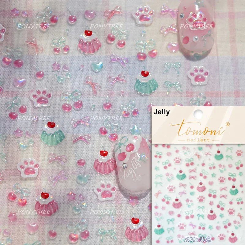 Colored Shiny Jelly Claw Paw Pudding Dessert Cherry Bowknot Cake Bow Tie Drink Food Love Heart Nail Art Sticker Manicure Decal (ONLINE ORDER ONLY)