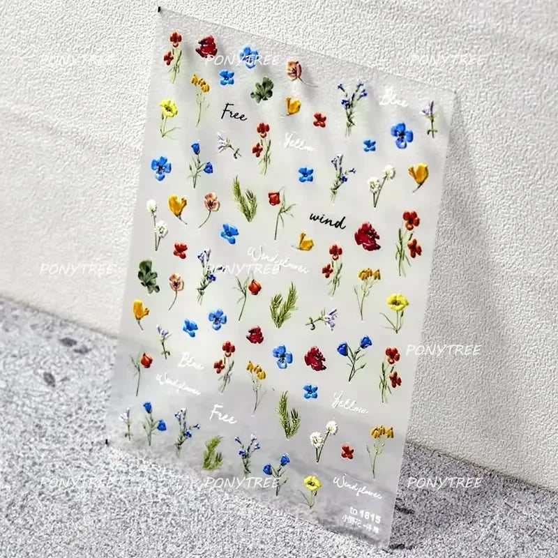 Chic Wild Flower Oil Painting Small Variegated Daisy Peach Blossom Lavender Petal Adhesive Nail Art Stickers Manicure Decals (Online Order Only)
