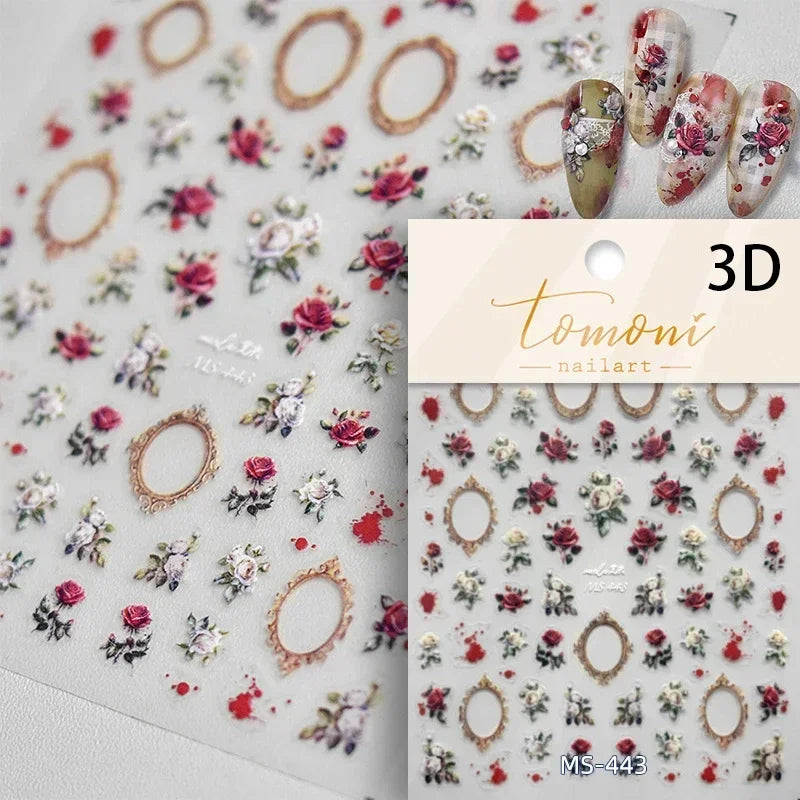 Pale Flower Bouquet Label Bowknot Stationery Sunflower Daisy Leaf 3D Self Adhesive Nail Art Stickers Rhinestone Manicure Decals (Online Order Only)