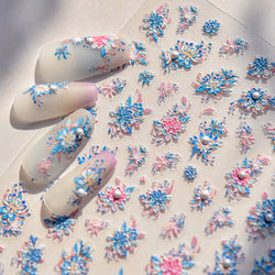 Delicate Shiny Pink Flower Blue Hairpin with Flower Decoration Self Adhesive Nail Art Stickers Pearl Rhinestone Manicure Decals (Online Order Only)