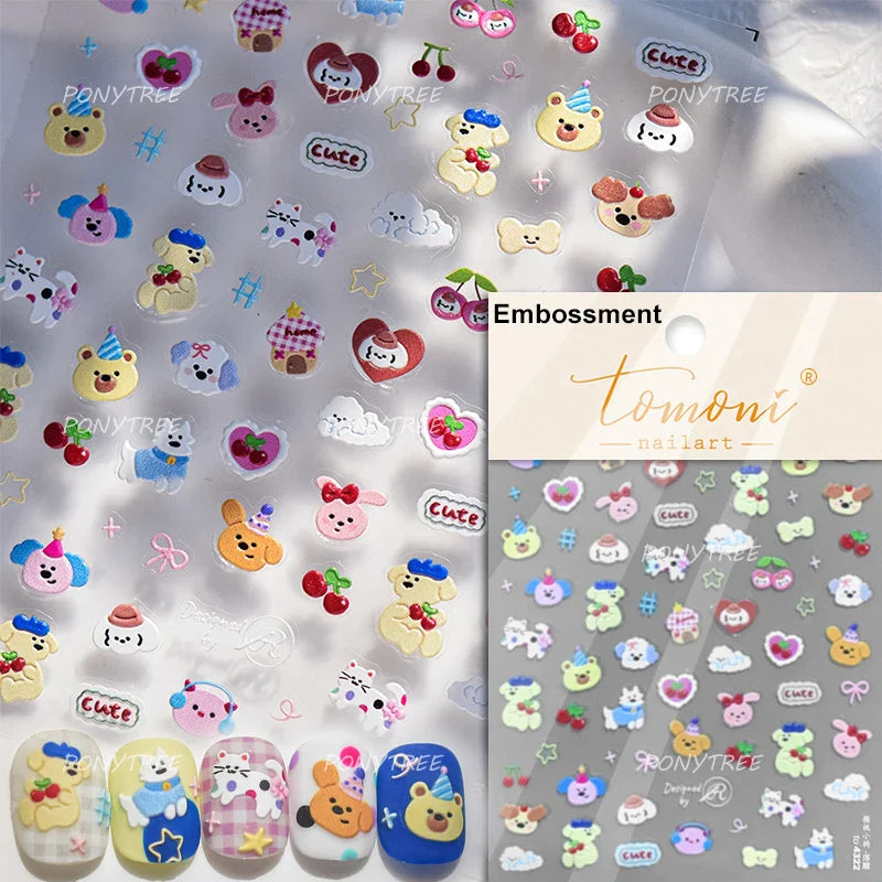 Spring Dog Bear Toy Rose Flower Floral Print Letter Bone Butterfly Cat Puppy Relief Adhesive Nail Art Stickers Manicure Decals (Online Order Only)