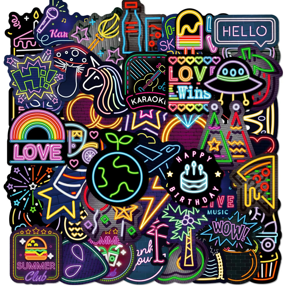 Neon Graffiti Stickers for DIY: Suitcase, Water Bottle, Phone, Guitar, Laptop, Car, Motorcycle, Skateboard (10/25/50pcs) (Online Order Only)