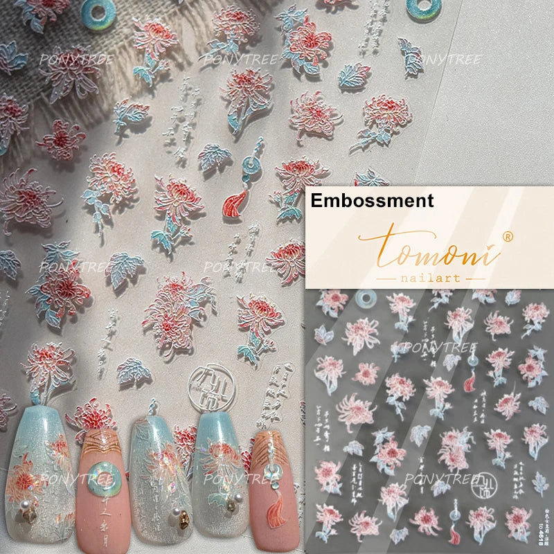 Spring Living Peach Blossom Flower Branch Petal Antique Soft Relief Adhesive Chinese Characters Nail Art Sticker Manicure Decals (ONLINE ORDER ONLY)