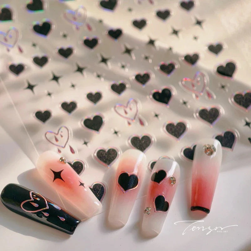 Black Punk Star Heart Laser Stroke Dark Wind Sexy Water Droplet Delicate Adhesive Nail Art Decorations Stickers Manicure Decals (ONLINE ORDER ONLY)