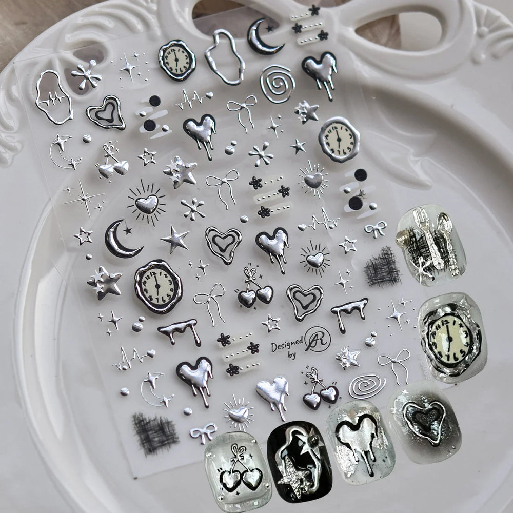 Silver Star Moon Clock Watch Cherry Love Heart Bowknot Gird Irregular Lines Dot Liquid Lava Nail Art Stickers Manicure Decals (ONLINE ORDER ONLY)