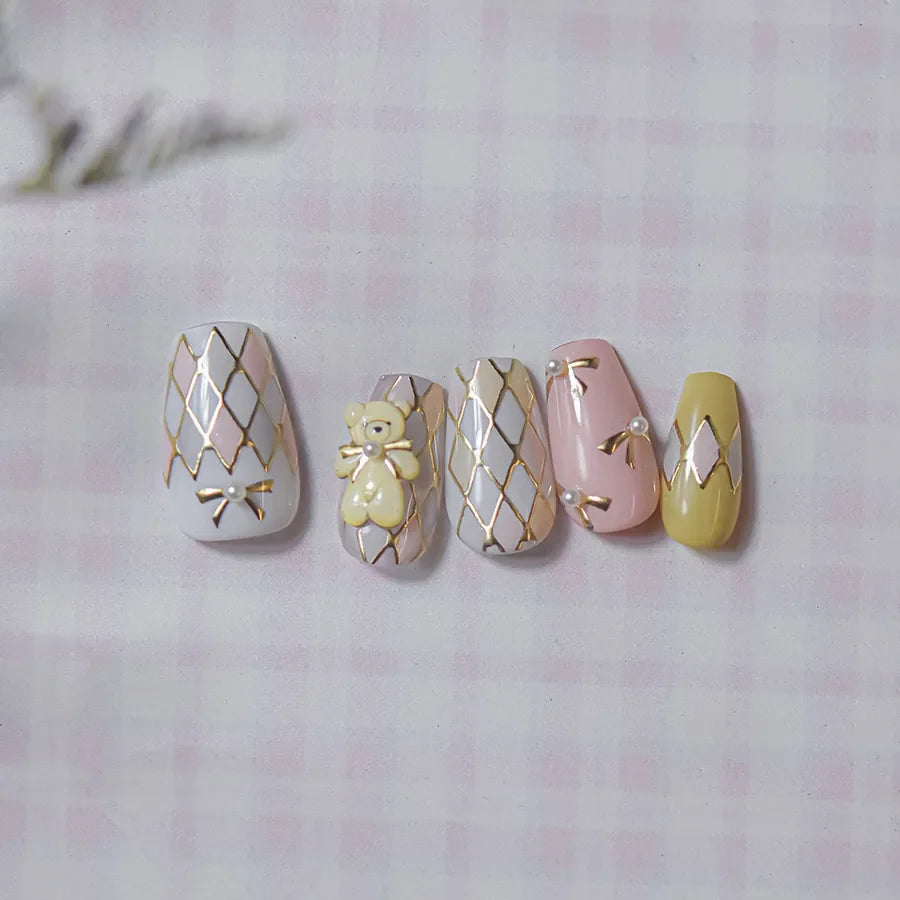 Geometric French Style Colorful Square Grid Rhombus Line Stripe Bowknot 3D Self Adhesive Nail Art Stickers Shiny Manicure Decals (ONLINE ORDER ONLY)