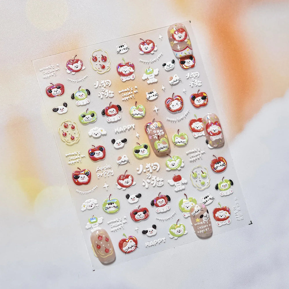Cute Apple Fruit Dog Puppy Cat Kitten Adhesive Nail Art Sticker Charming Delicate Rhinestone Shiny Manicure Decals Nail Supplies (ONLINE ORDER ONLY)