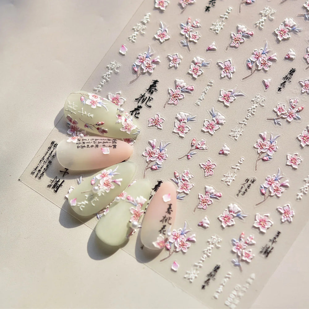 Spring Living Peach Blossom Flower Branch Petal Antique Soft Relief Adhesive Chinese Characters Nail Art Sticker Manicure Decals (ONLINE ORDER ONLY)